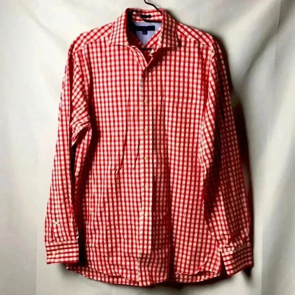 TOMMY HILFIGER MENS SIZE 15.5/34-35 REG FIT LONG SLEEVE RED WHITE CHECKERED - Picture 1 of 11